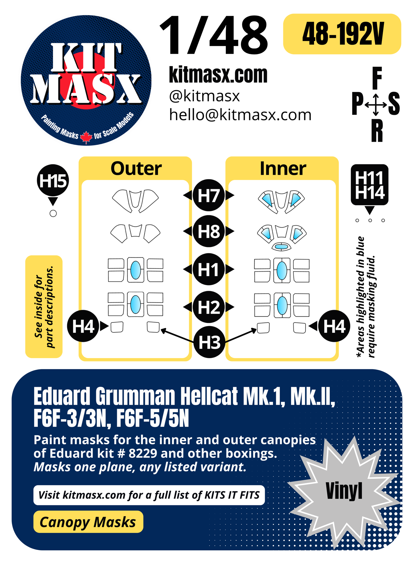 Eduard Grumman Hellcat Mk.I, Mk.II, F6F-3/3N, F6F-5/5N 1/48 Canopy Paint Masks, Kit # 8229