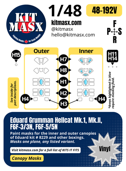 Eduard Grumman Hellcat Mk.I, Mk.II, F6F-3/3N, F6F-5/5N 1/48 Canopy Paint Masks, Kit # 8229