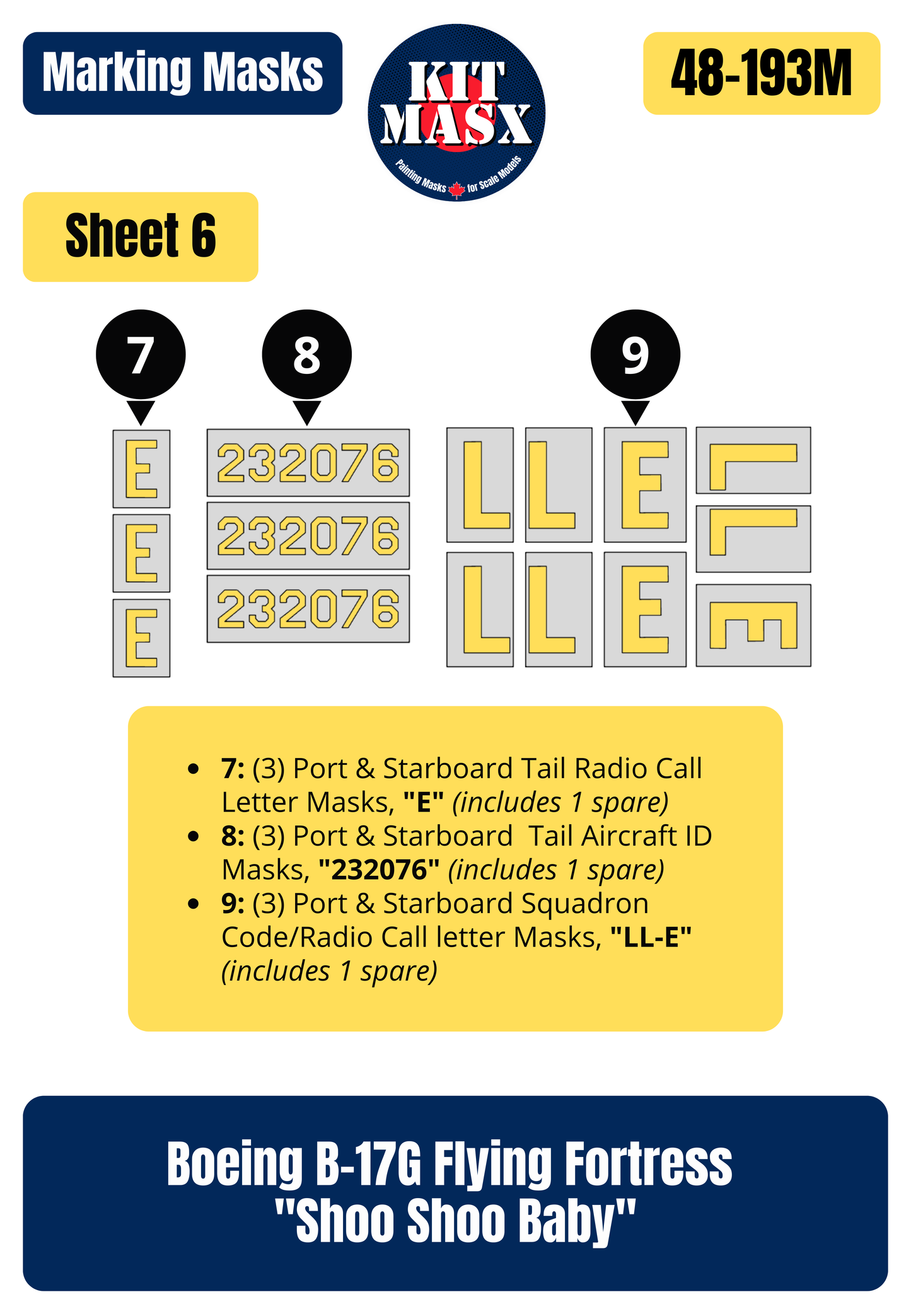Boeing B-17G Flying Fortress “Shoo Shoo Baby” 1/48 Main Marking Paint Masks