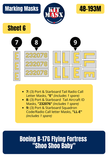 Boeing B-17G Flying Fortress “Shoo Shoo Baby” 1/48 Main Marking Paint Masks