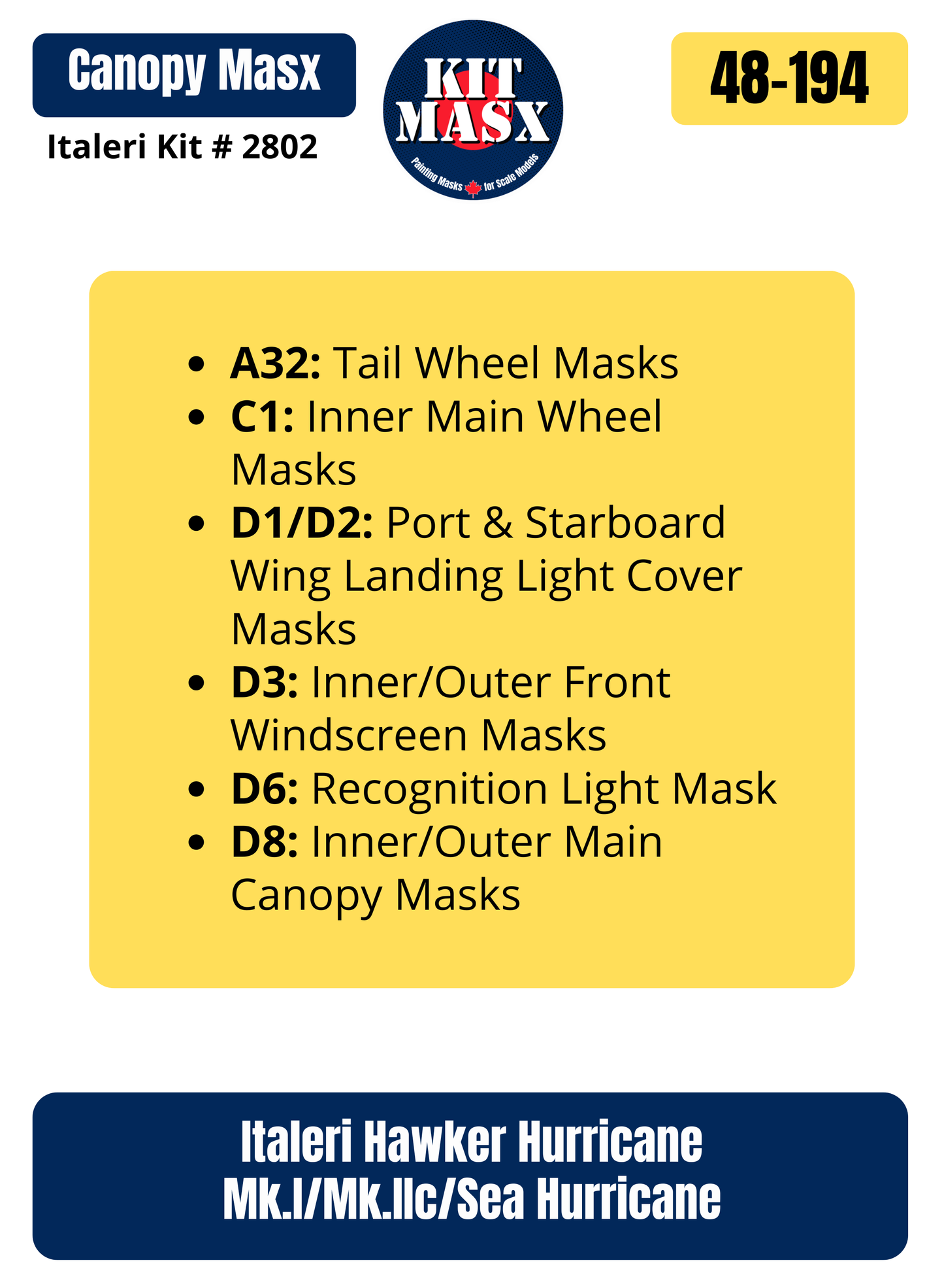 Italeri Hawker Hurricane Mk.I/Mk.IIc/Sea Hurricane 1/48 Canopy & Wheel Paint Masks, Kit # 2802