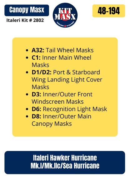 Italeri Hawker Hurricane Mk.I/Mk.IIc/Sea Hurricane 1/48 Canopy & Wheel Paint Masks, Kit # 2802