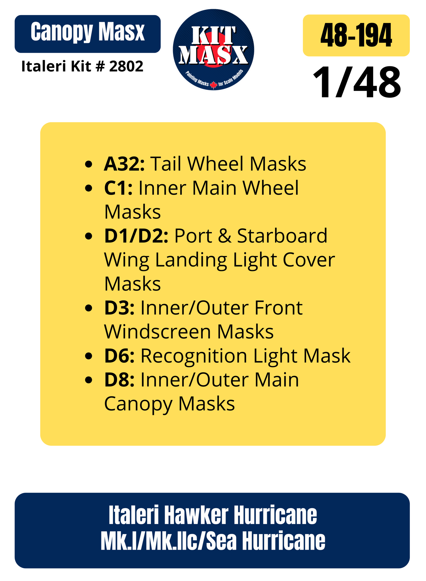 Italeri Hawker Hurricane Mk.I/Mk.IIc/Sea Hurricane 1/48 Canopy & Wheel Paint Masks, Kit # 2802 (48194)