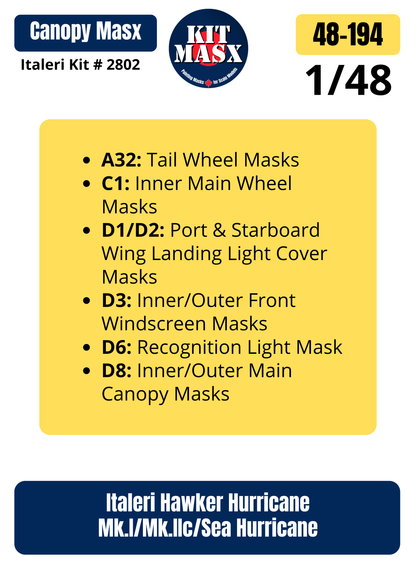 Italeri Hawker Hurricane Mk.I/Mk.IIc/Sea Hurricane 1/48 Canopy & Wheel Paint Masks, Kit # 2802 (48194)