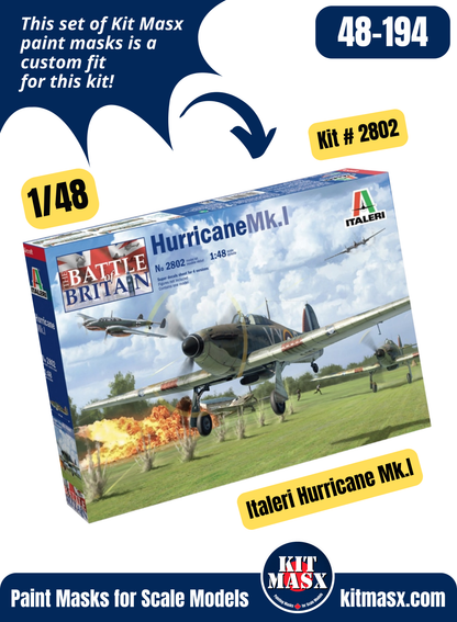 Italeri Hawker Hurricane Mk.I/Mk.IIc/Sea Hurricane 1/48 Canopy & Wheel Paint Masks, Kit # 2802