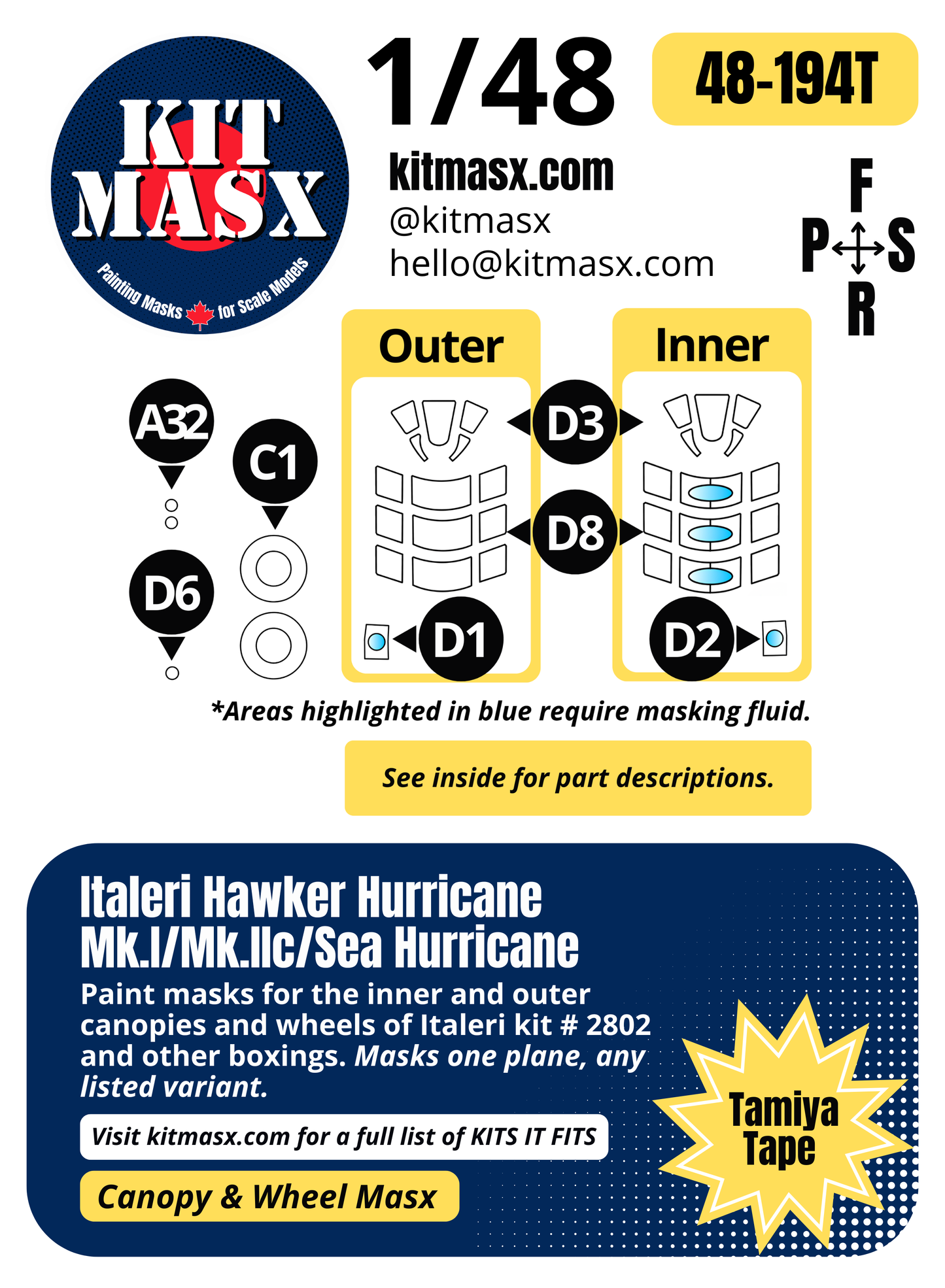 Italeri Hawker Hurricane Mk.I/Mk.IIc/Sea Hurricane 1/48 Canopy & Wheel Paint Masks, Kit # 2802