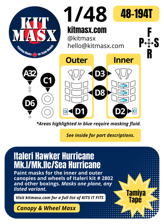 Italeri Hawker Hurricane Mk.I/Mk.IIc/Sea Hurricane 1/48 Canopy & Wheel Paint Masks, Kit # 2802