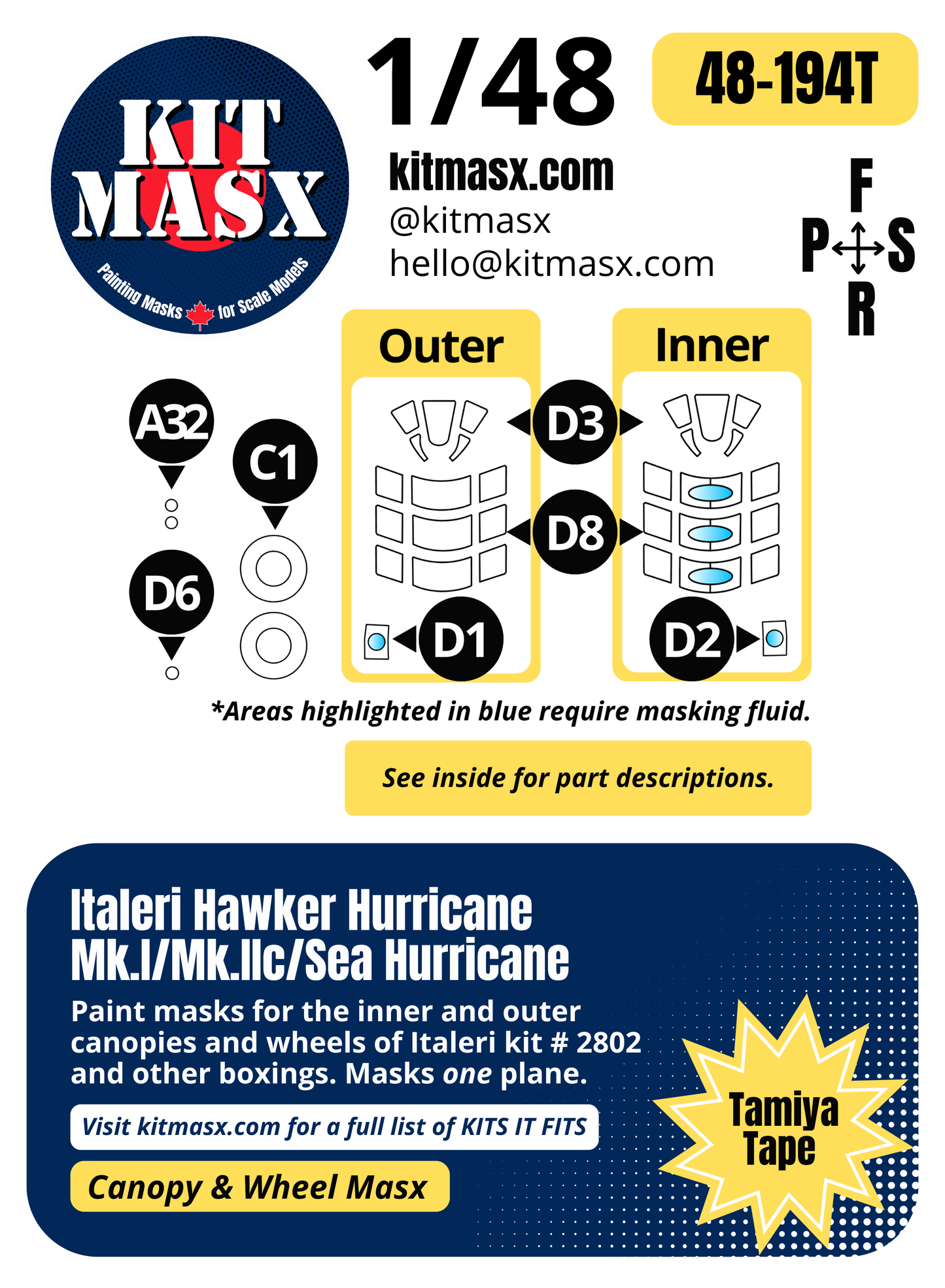 Italeri Hawker Hurricane Mk.I/Mk.IIc/Sea Hurricane 1/48 Canopy & Wheel Paint Masks, Kit # 2802 (48194)