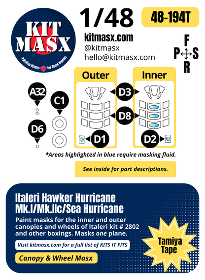 Italeri Hawker Hurricane Mk.I/Mk.IIc/Sea Hurricane 1/48 Canopy & Wheel Paint Masks, Kit # 2802 (48194)