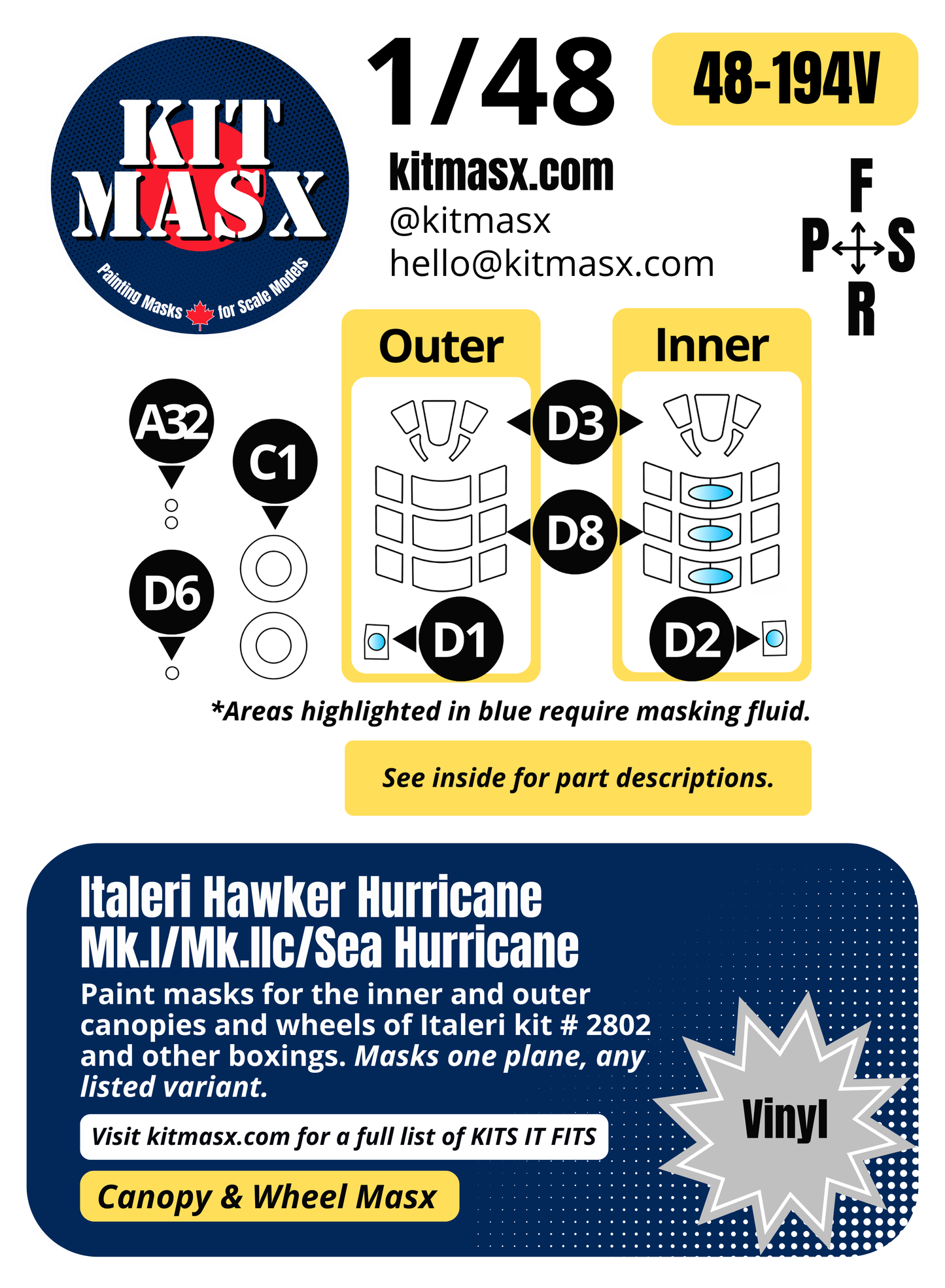 Italeri Hawker Hurricane Mk.I/Mk.IIc/Sea Hurricane 1/48 Canopy & Wheel Paint Masks, Kit # 2802