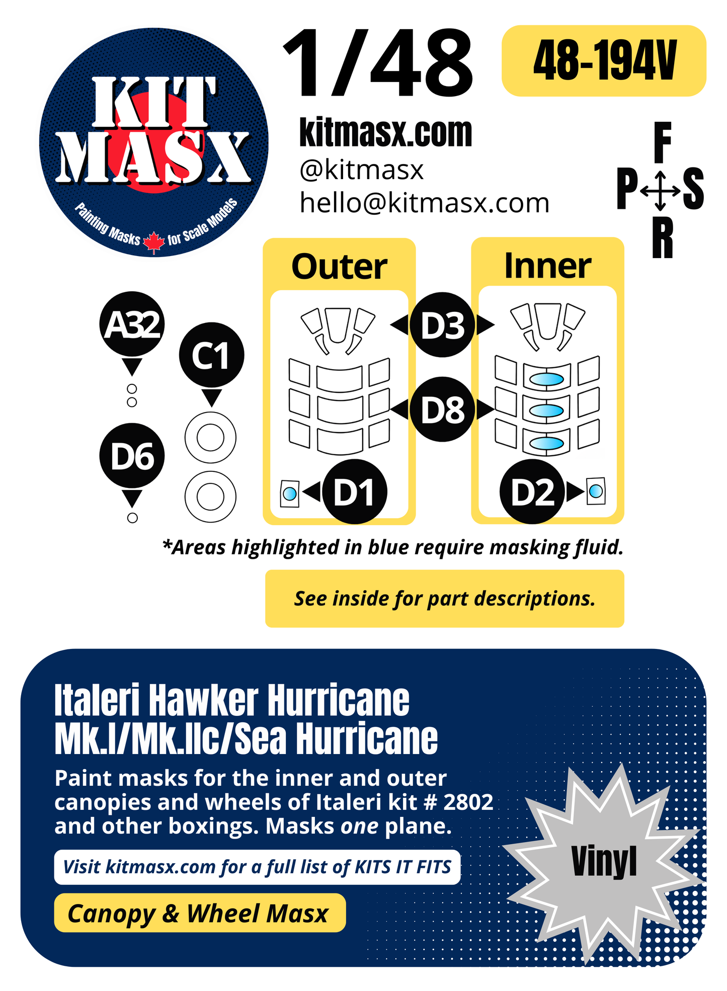 Italeri Hawker Hurricane Mk.I/Mk.IIc/Sea Hurricane 1/48 Canopy & Wheel Paint Masks, Kit # 2802 (48194)
