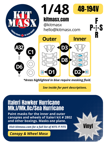 Italeri Hawker Hurricane Mk.I/Mk.IIc/Sea Hurricane 1/48 Canopy & Wheel Paint Masks, Kit # 2802 (48194)
