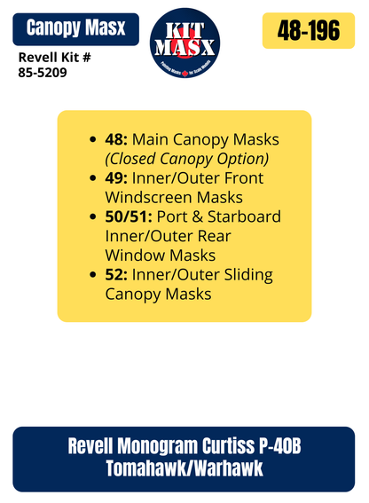 Revell Monogram Curtiss P-40B Tomahawk/Warhawk 1/48 Canopy Paint Masks, Kit # 85-5209