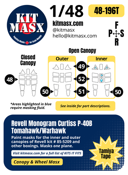 Revell Monogram Curtiss P-40B Tomahawk/Warhawk 1/48 Canopy Paint Masks, Kit # 85-5209