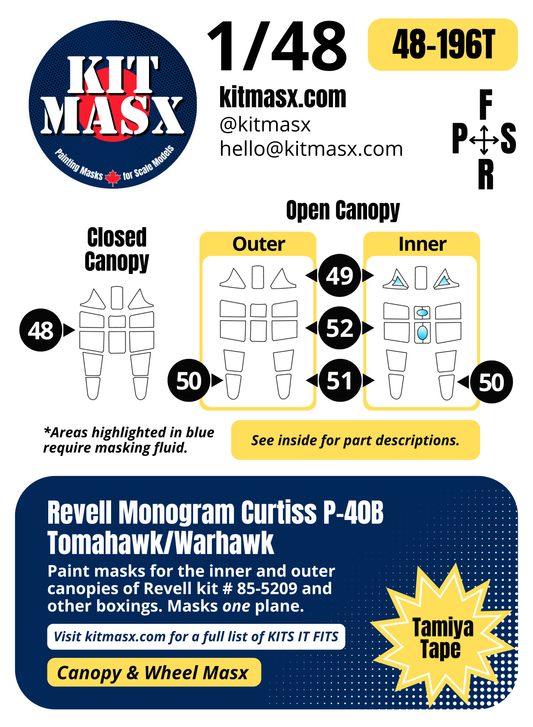Revell Monogram Curtiss P-40B Tomahawk/Warhawk 1/48 Canopy Paint Masks, Kit # 85-5209