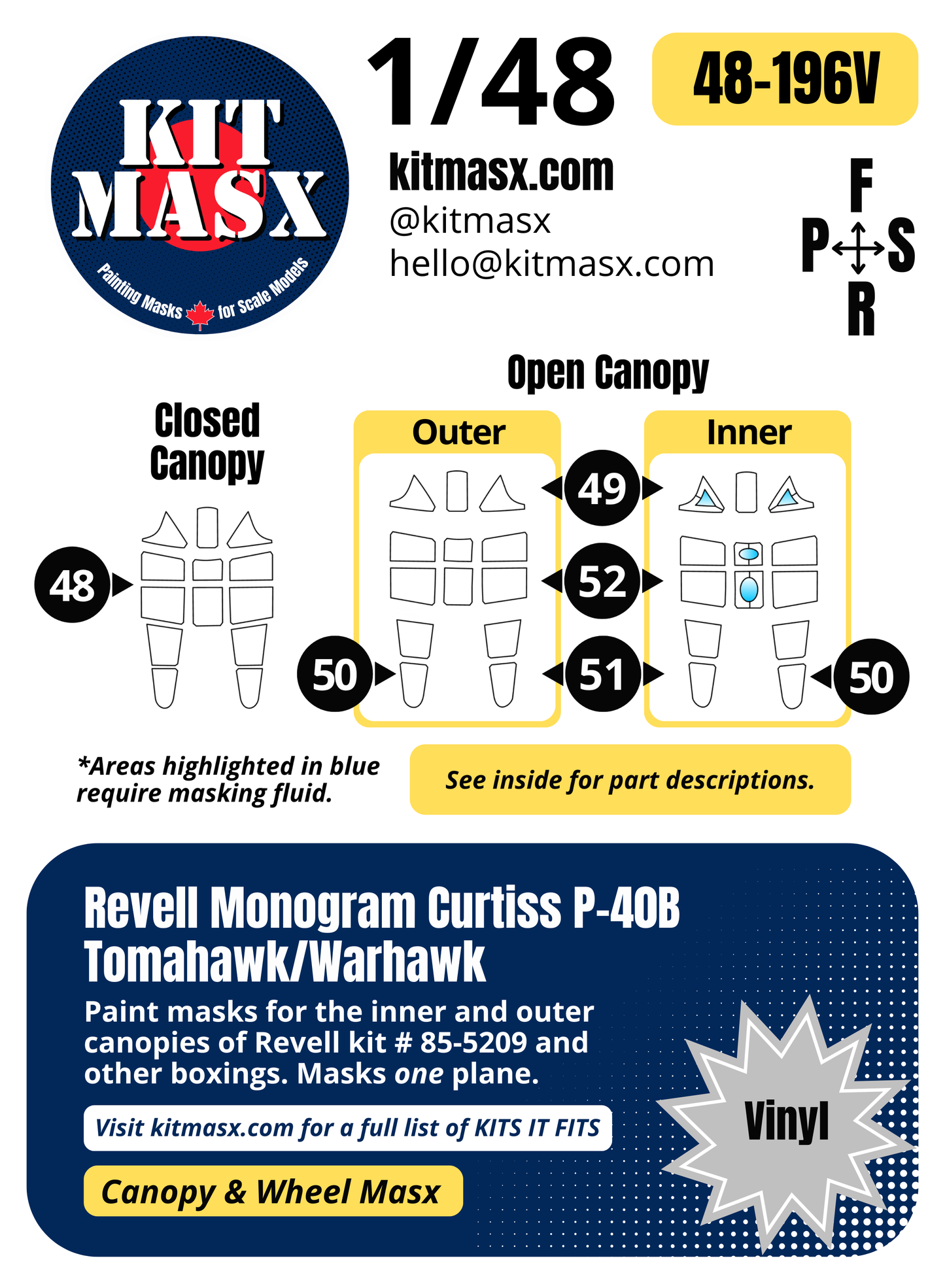 Revell Monogram Curtiss P-40B Tomahawk/Warhawk 1/48 Canopy Paint Masks, Kit # 85-5209