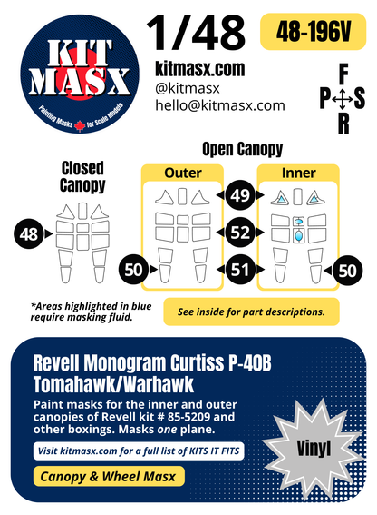 Revell Monogram Curtiss P-40B Tomahawk/Warhawk 1/48 Canopy Paint Masks, Kit # 85-5209