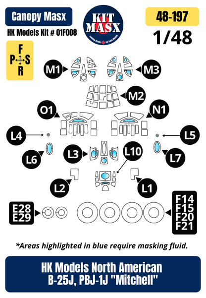 HK Models North American B-25J, PBJ-1J "Mitchell" 1/48 Canopy & Wheel Paint Masks, Kit # 01F008 (48197)