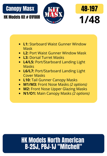 HK Models North American B-25J, PBJ-1J "Mitchell" 1/48 Canopy & Wheel Paint Masks, Kit # 01F008 (48197)