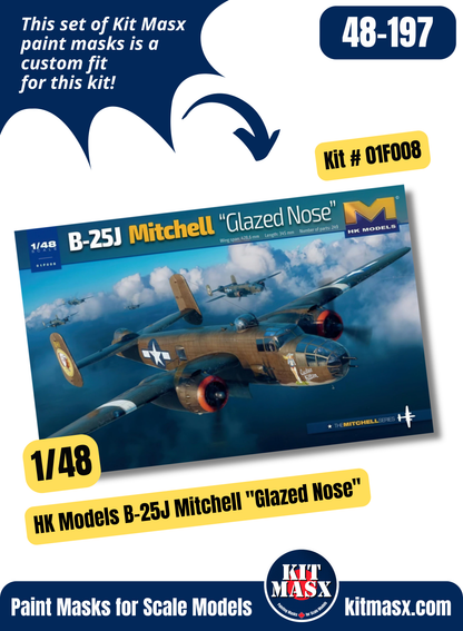 HK Models North American B-25J, PBJ-1J "Mitchell" 1/48 Canopy & Wheel Paint Masks, Kit # 01F008 (48197)