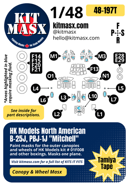 HK Models North American B-25J, PBJ-1J "Mitchell" 1/48 Canopy & Wheel Paint Masks, Kit # 01F008 (48197)