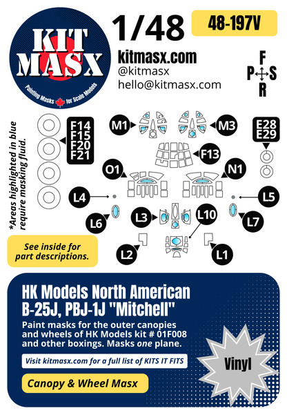 HK Models North American B-25J, PBJ-1J "Mitchell" 1/48 Canopy & Wheel Paint Masks, Kit # 01F008 (48197)