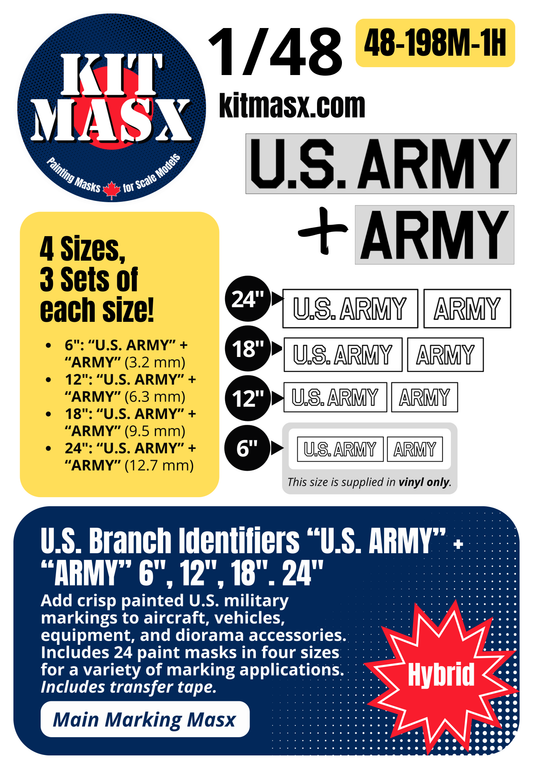 U.S. Branch Identifiers "U.S. ARMY" + "ARMY" 6-inch, 12-inch, 18-inch, 24-inch 1/48 Main Marking Paint Masks (48198M1)