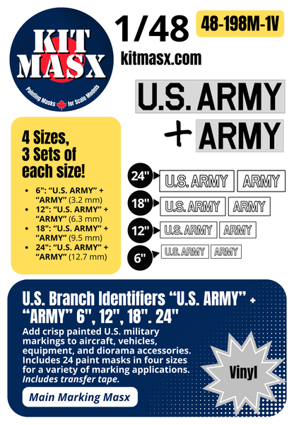 U.S. Branch Identifiers "U.S. ARMY" + "ARMY" 6-inch, 12-inch, 18-inch, 24-inch 1/48 Main Marking Paint Masks (48198M1)