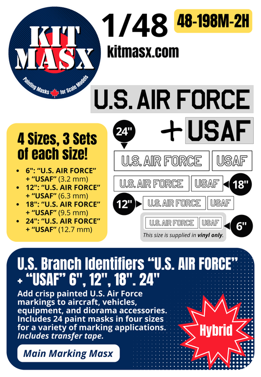 U.S. Branch Identifiers "U.S. AIR FORCE" + "USAF" 6-inch, 12-inch, 18-inch, 24-inch 1/48 Main Marking Paint Masks (48198M2)