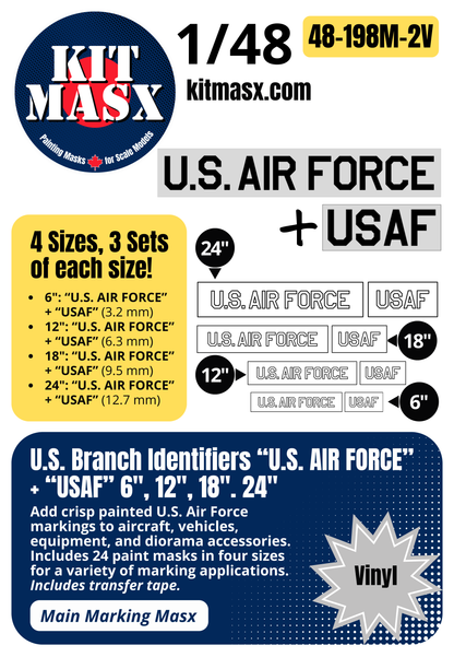U.S. Branch Identifiers "U.S. AIR FORCE" + "USAF" 6-inch, 12-inch, 18-inch, 24-inch 1/48 Main Marking Paint Masks (48198M2)