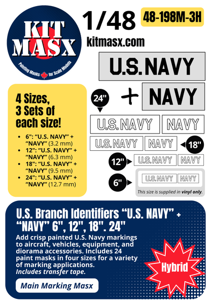 US Branch Identifiers "U.S. NAVY" + "NAVY" 6-inch, 12-inch, 18-inch, 24-inch 1/48 Main Marking Paint Masks (48198M3)