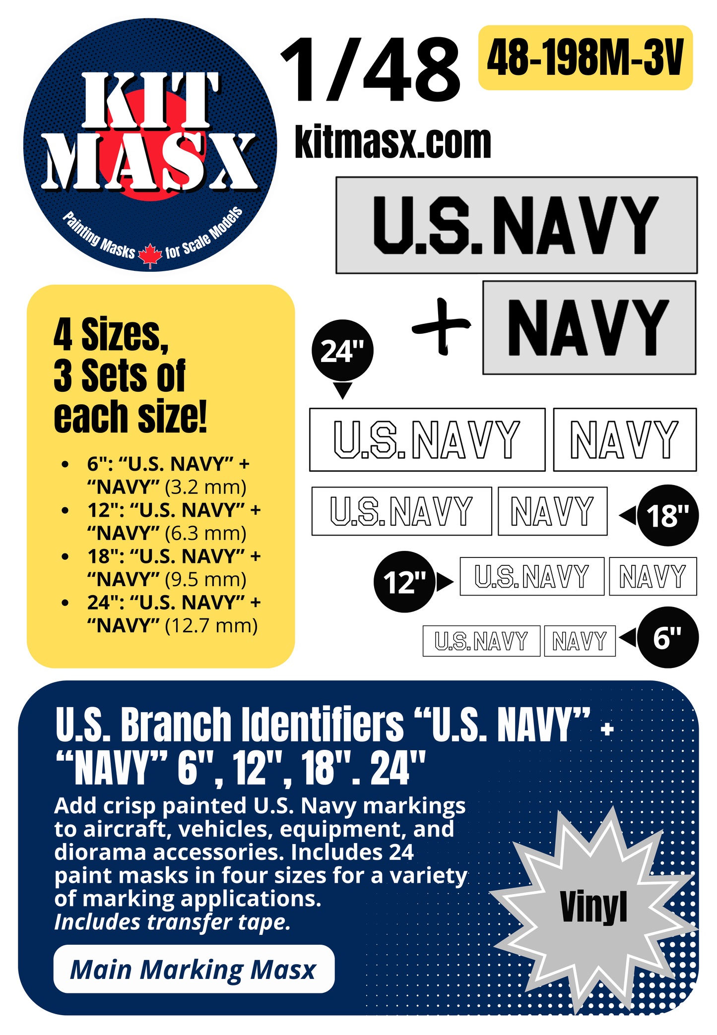 US Branch Identifiers "U.S. NAVY" + "NAVY" 6-inch, 12-inch, 18-inch, 24-inch 1/48 Main Marking Paint Masks (48198M3)
