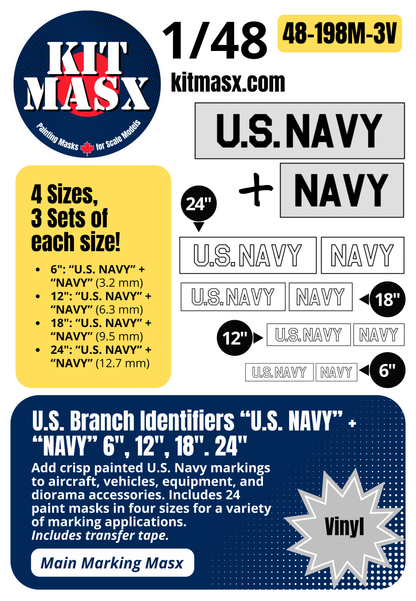 US Branch Identifiers "U.S. NAVY" + "NAVY" 6-inch, 12-inch, 18-inch, 24-inch 1/48 Main Marking Paint Masks (48198M3)