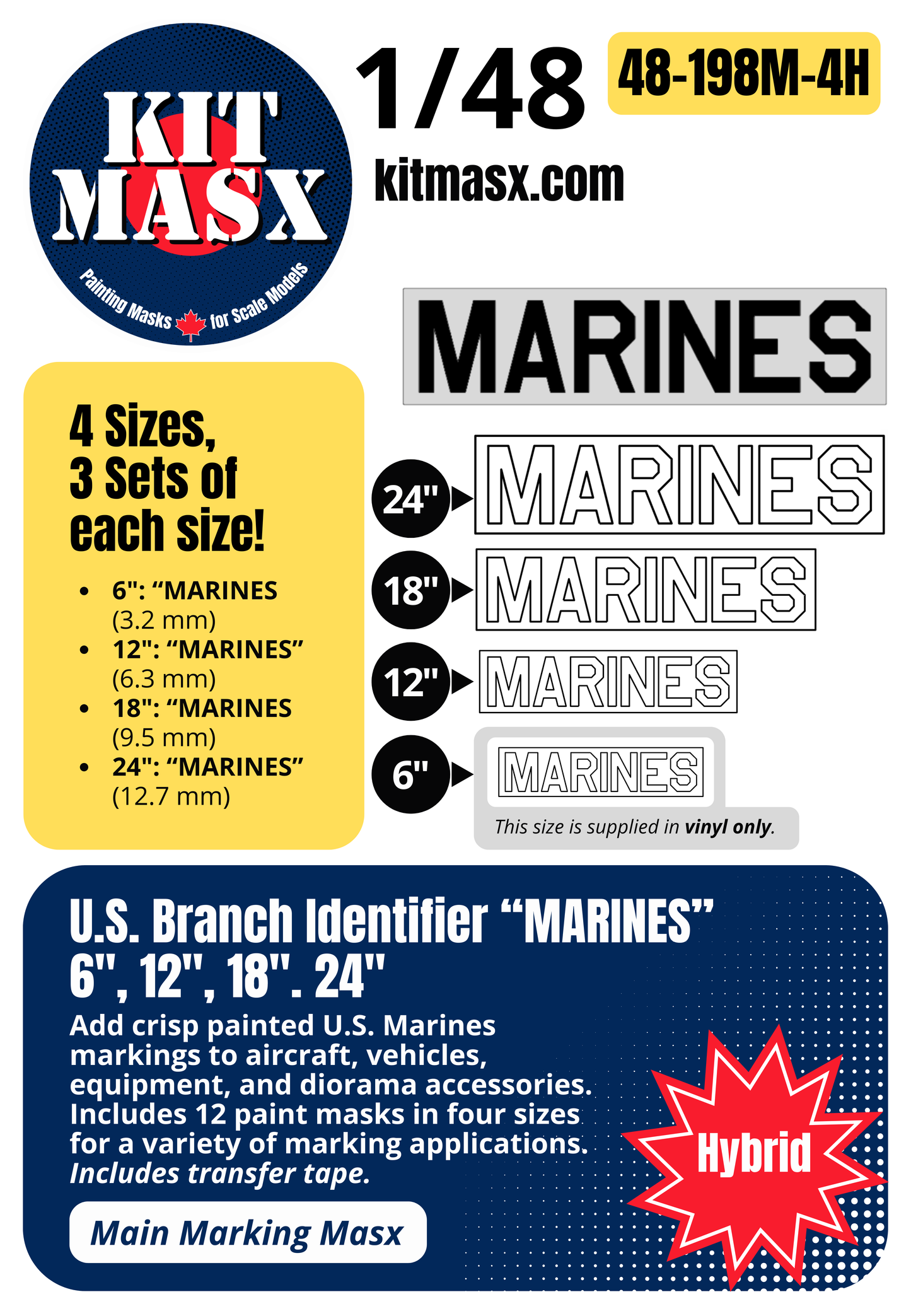 US Branch Identifier "MARINES" 6-inch, 12-inch, 18-inch, 24-inch 1/48 Main Marking Paint Masks (48198M4)