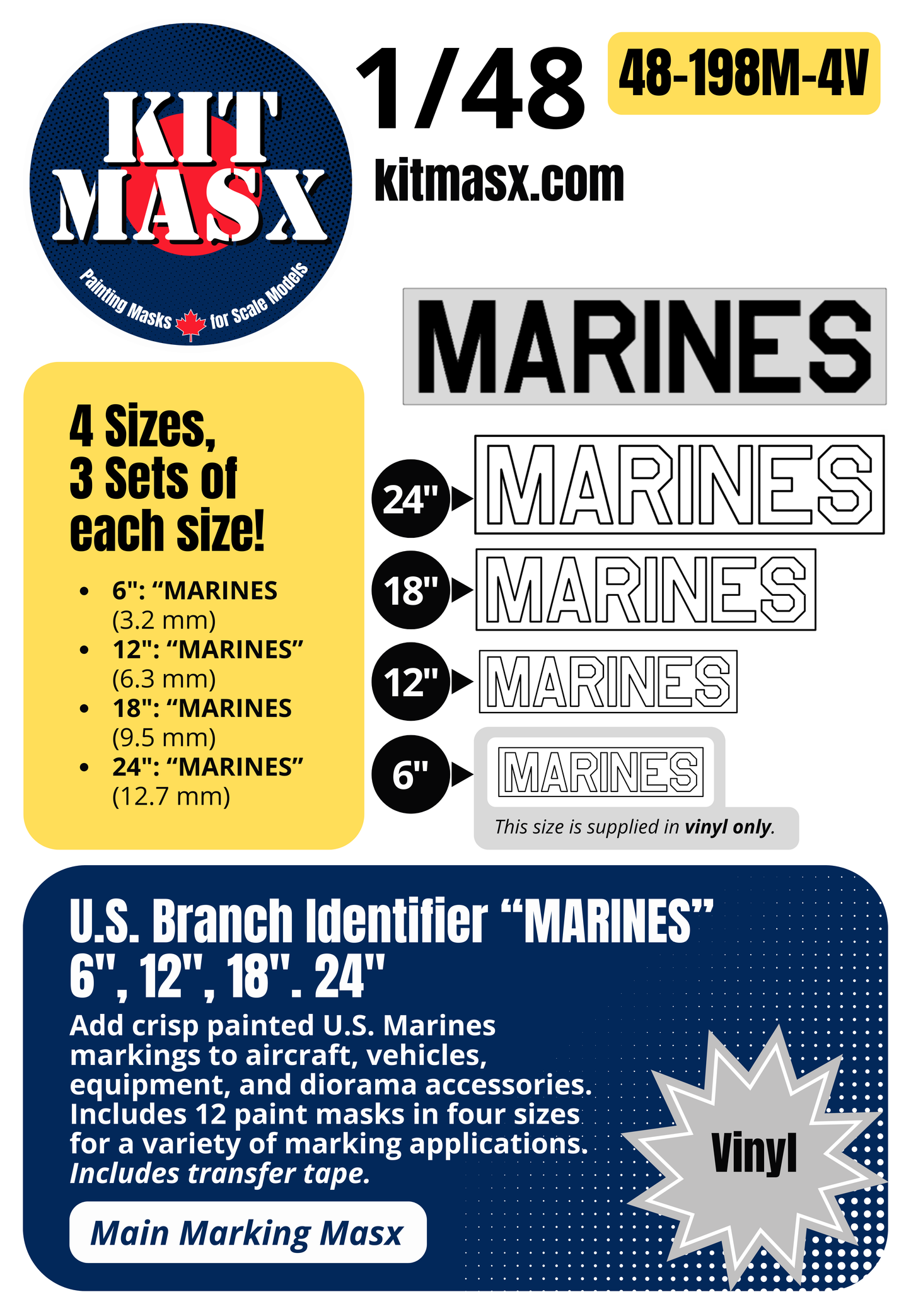 US Branch Identifier "MARINES" 6-inch, 12-inch, 18-inch, 24-inch 1/48 Main Marking Paint Masks (48198M4)