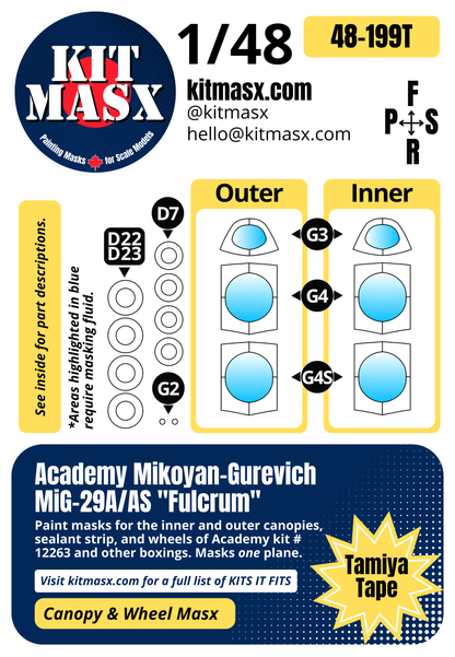 Academy Mikoyan-Gurevich MiG-29A/AS "Fulcrum" 1/48 Canopy & Wheel Paint Masks, Kit # 12263 (48199)