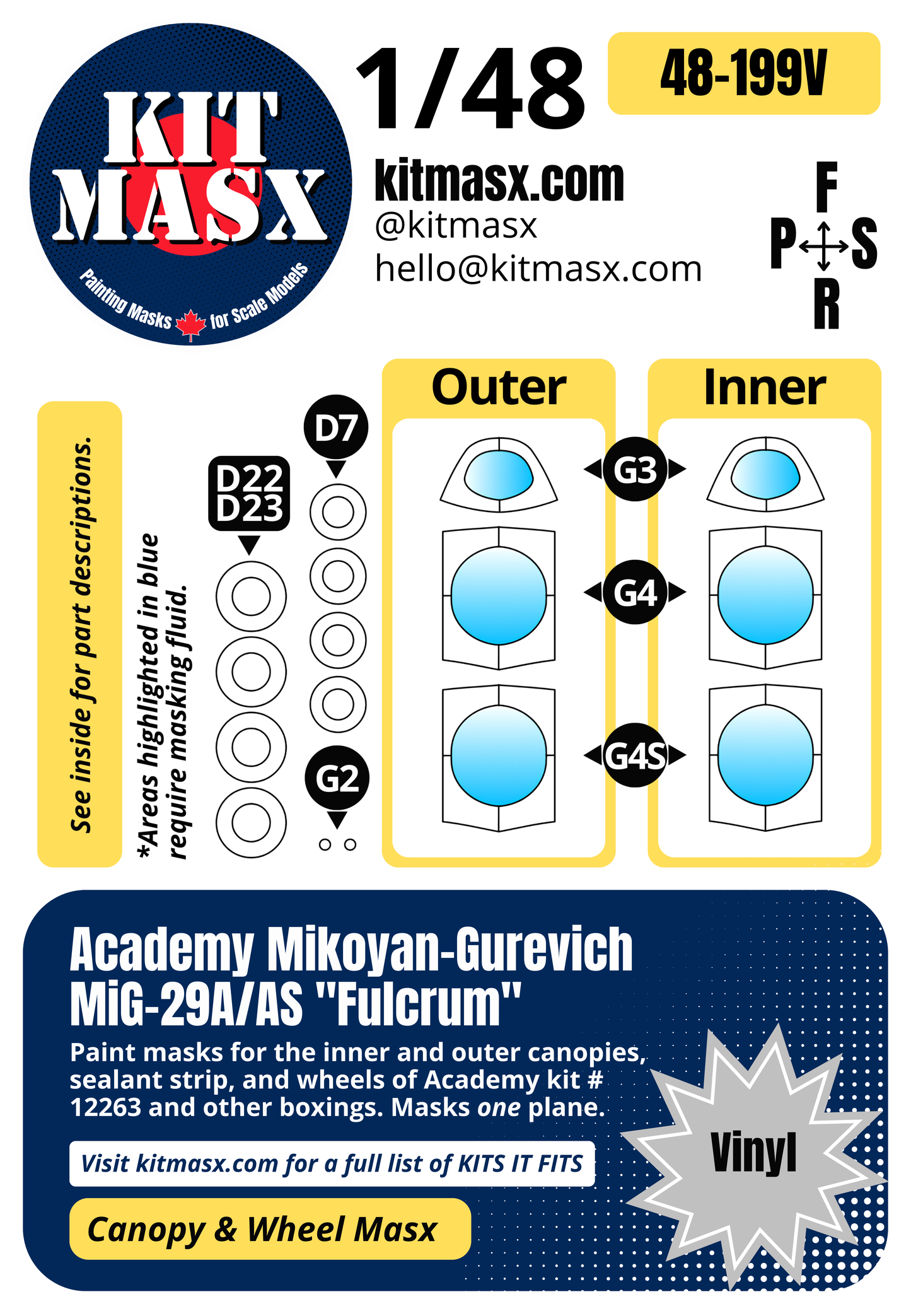 Academy Mikoyan-Gurevich MiG-29A/AS "Fulcrum" 1/48 Canopy & Wheel Paint Masks, Kit # 12263 (48199)