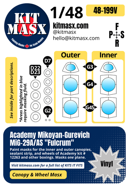 Academy Mikoyan-Gurevich MiG-29A/AS "Fulcrum" 1/48 Canopy & Wheel Paint Masks, Kit # 12263 (48199)