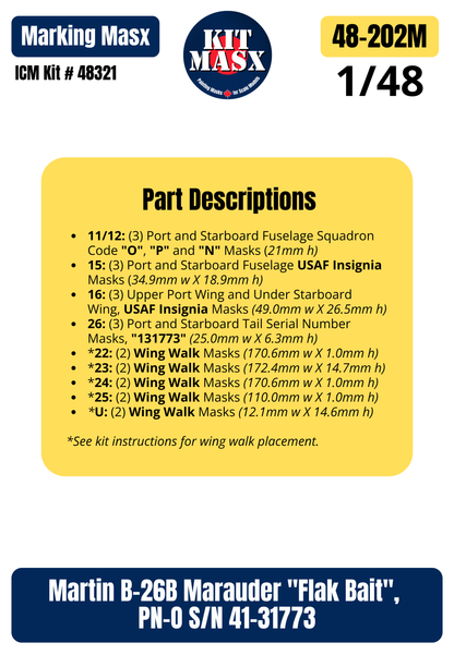 ICM Martin B-26B Marauder "Flak Bait" PN-O, S/N 41-31773 1/48 Main Marking Paint Masks (48202M)