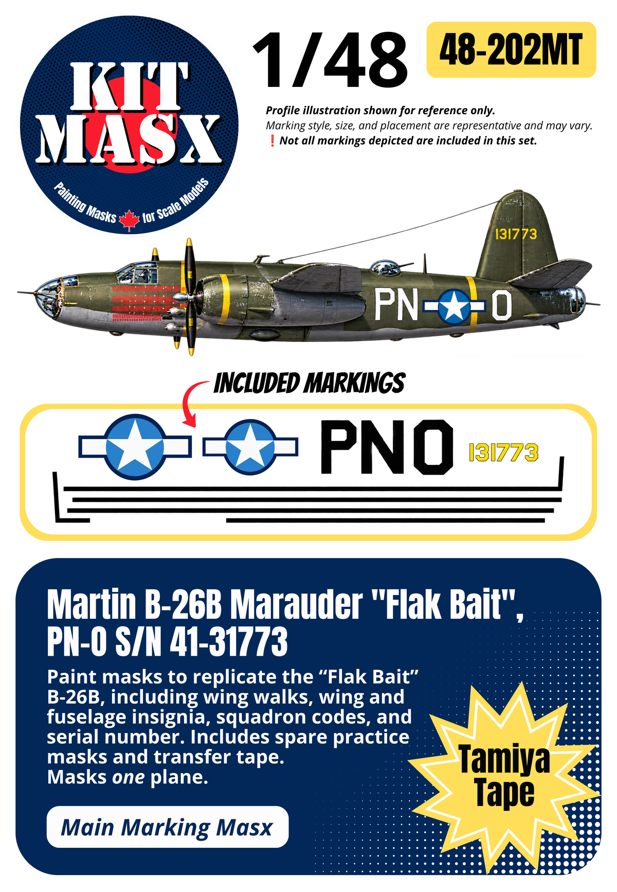 ICM Martin B-26B Marauder "Flak Bait" PN-O, S/N 41-31773 1/48 Main Marking Paint Masks (48202M)