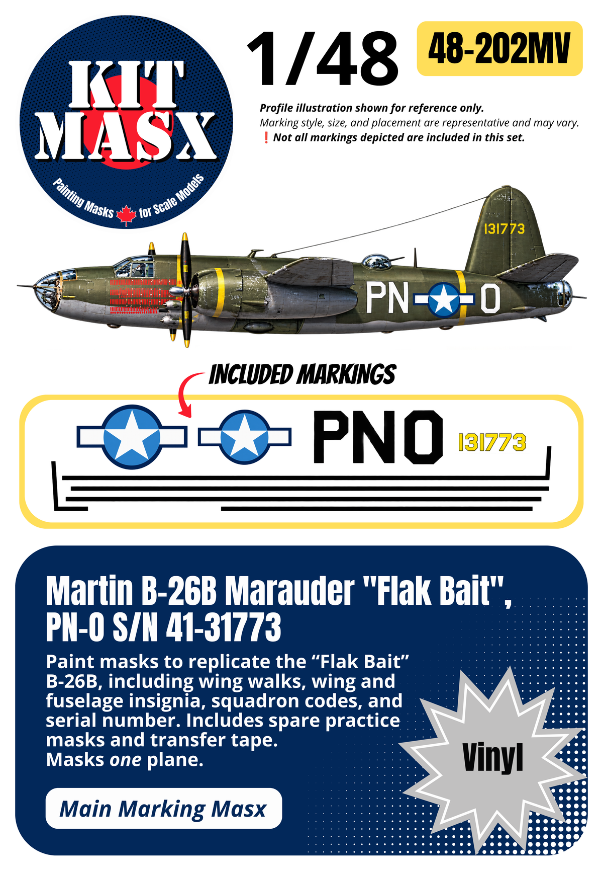 ICM Martin B-26B Marauder "Flak Bait" PN-O, S/N 41-31773 1/48 Main Marking Paint Masks (48202M)