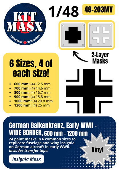German Balkenkreuz, Early WWII - WIDE BORDER, 600 mm - 1200 mm 1/48 National Insignia Paint Masks (48203M)