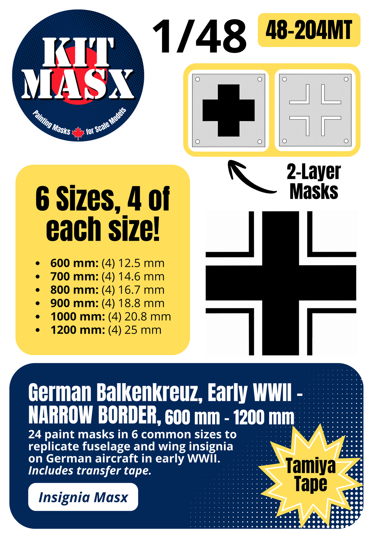 German Balkenkreuz, Early WWII - NARROW BORDER, 600 mm - 1200 mm 1/48 National Insignia Paint Masks (48204M)