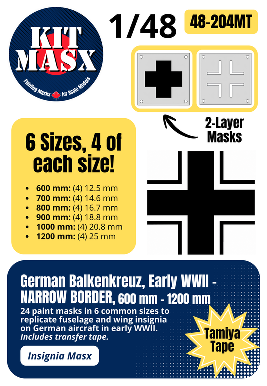 German Balkenkreuz, Early WWII - NARROW BORDER, 600 mm - 1200 mm 1/48 National Insignia Paint Masks (48204M)