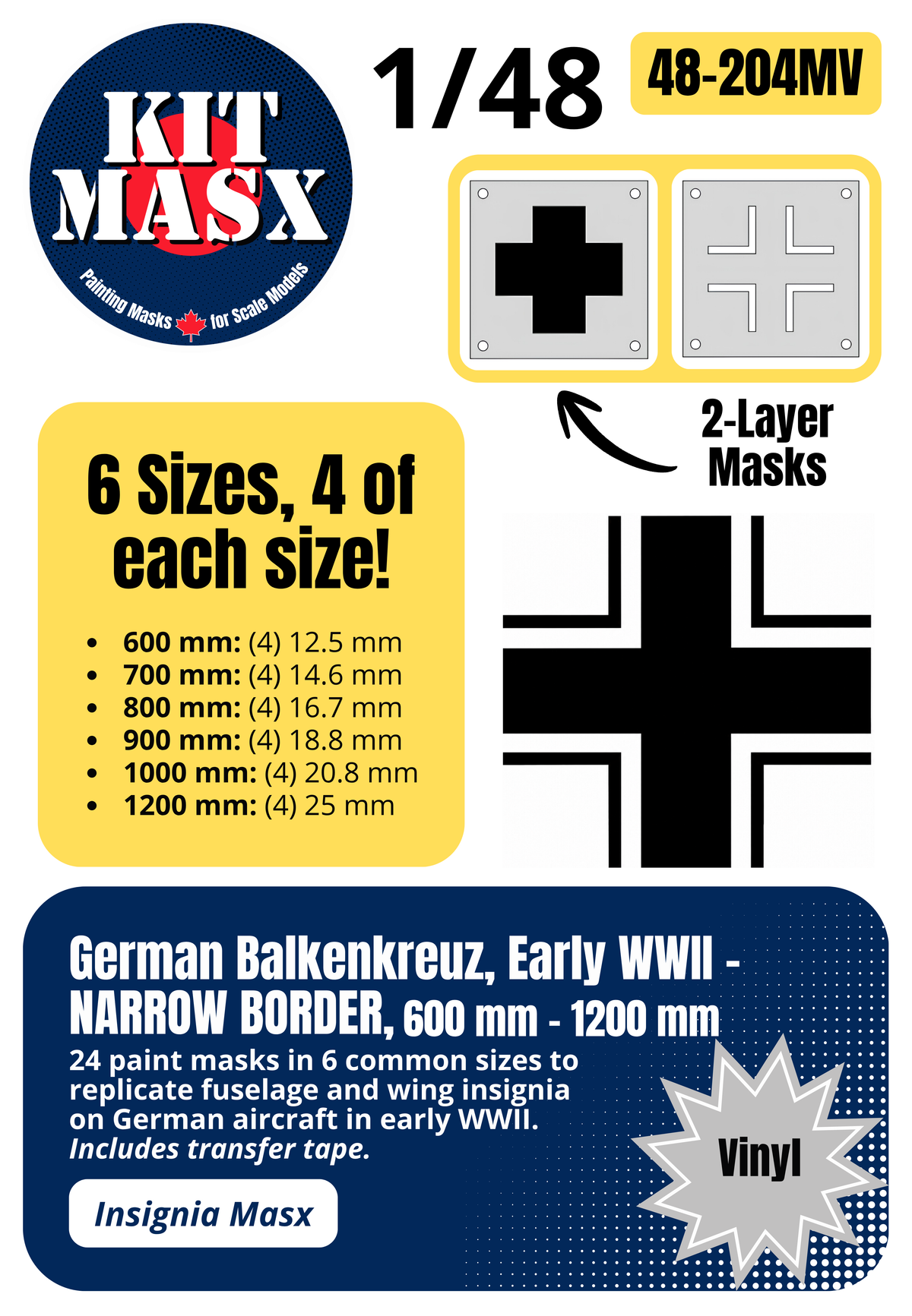German Balkenkreuz, Early WWII - NARROW BORDER, 600 mm - 1200 mm 1/48 National Insignia Paint Masks (48204M)