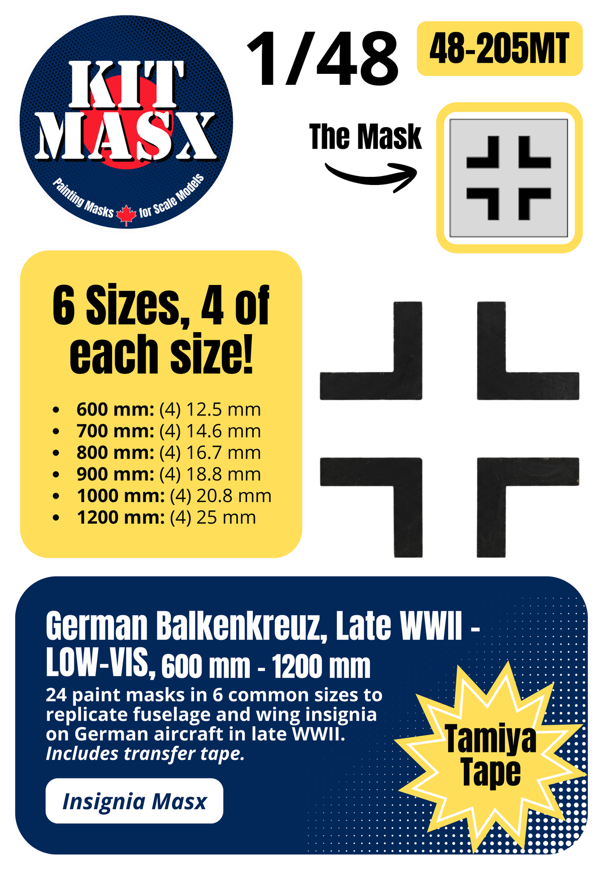 German Balkenkreuz, Late WWII - LOW-VIS, 600 mm - 1200 mm 1/48 National Insignia Paint Masks (48205M)