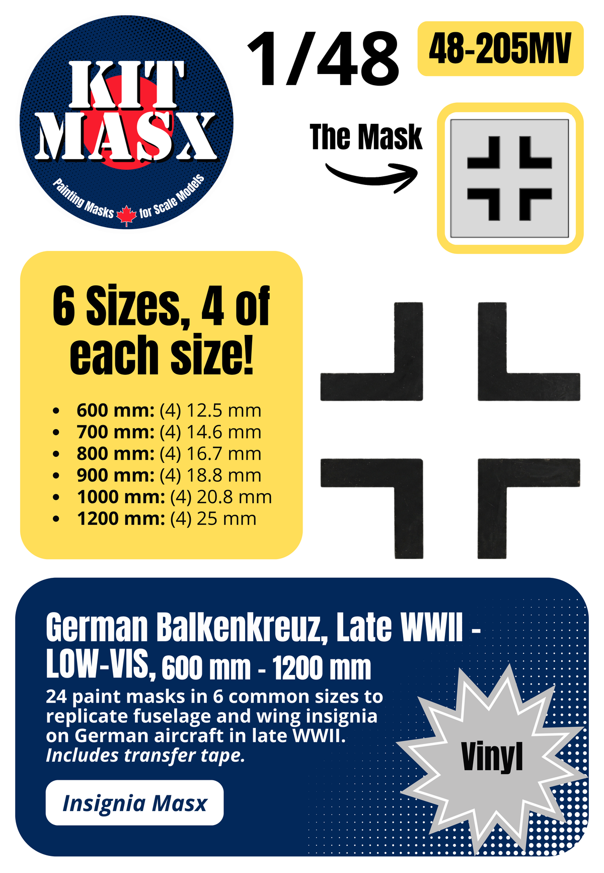 German Balkenkreuz, Late WWII - LOW-VIS, 600 mm - 1200 mm 1/48 National Insignia Paint Masks (48205M)