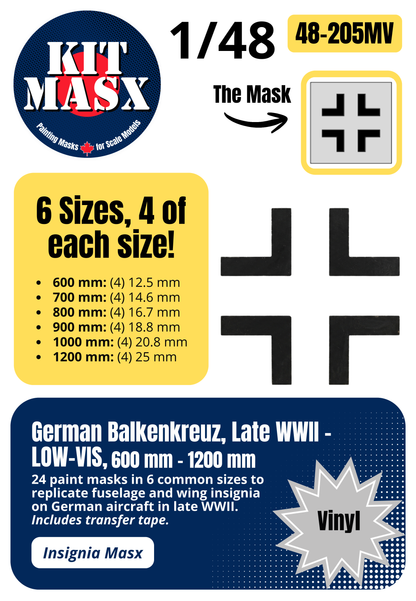 German Balkenkreuz, Late WWII - LOW-VIS, 600 mm - 1200 mm 1/48 National Insignia Paint Masks (48205M)