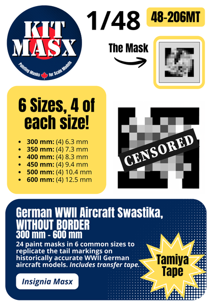 German WWII Aircraft Swastika, WITHOUT BORDER, 300 mm - 600 mm 1/48 National Insignia Paint Masks (48206M)