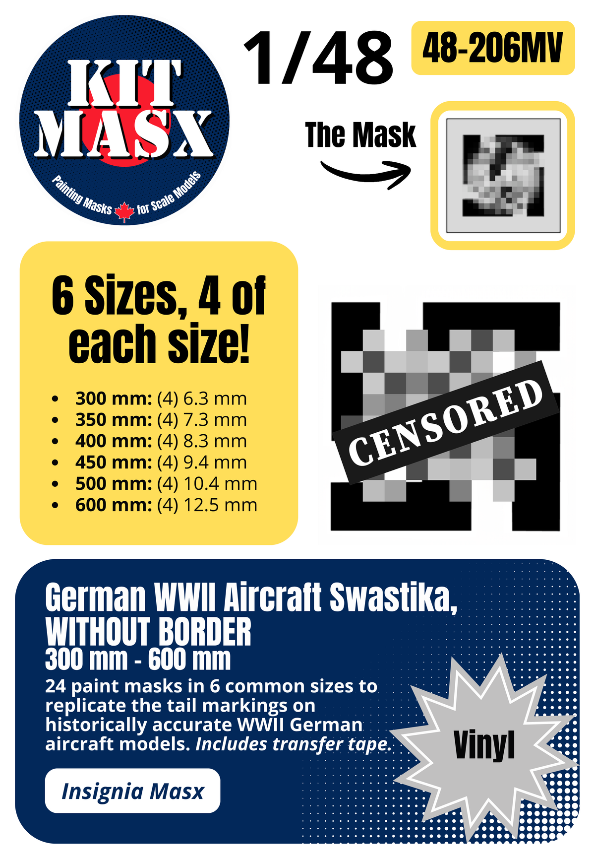German WWII Aircraft Swastika, WITHOUT BORDER, 300 mm - 600 mm 1/48 National Insignia Paint Masks (48206M)
